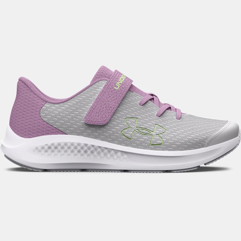 Girls' Pre-School Under Armour Pursuit 3 AC Big Logo Running Shoes Halo Gray / Fresh Orchid / Lumos Lime 31